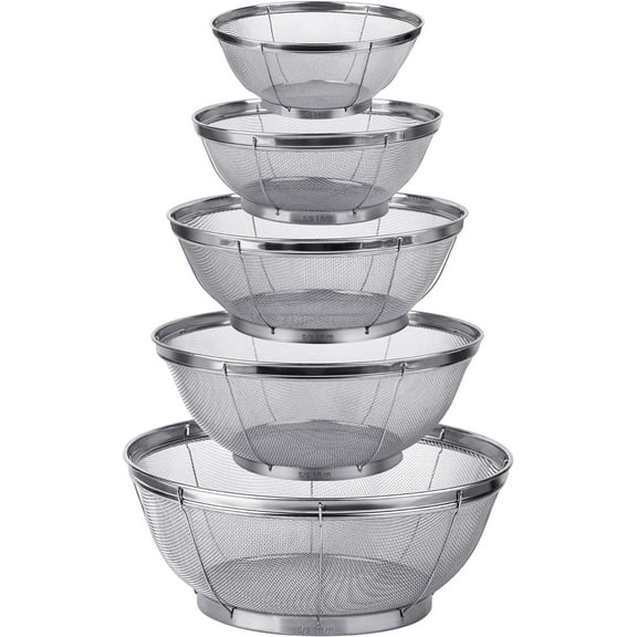 5 Pack Strainers for Kitchen, 18/8 Stainless Steel Colander, Fine Mesh Strainer for Pasta, Rice and Fruit, Sieve for Strain, Drain, Rinse or Steam, Multi Size Sifter