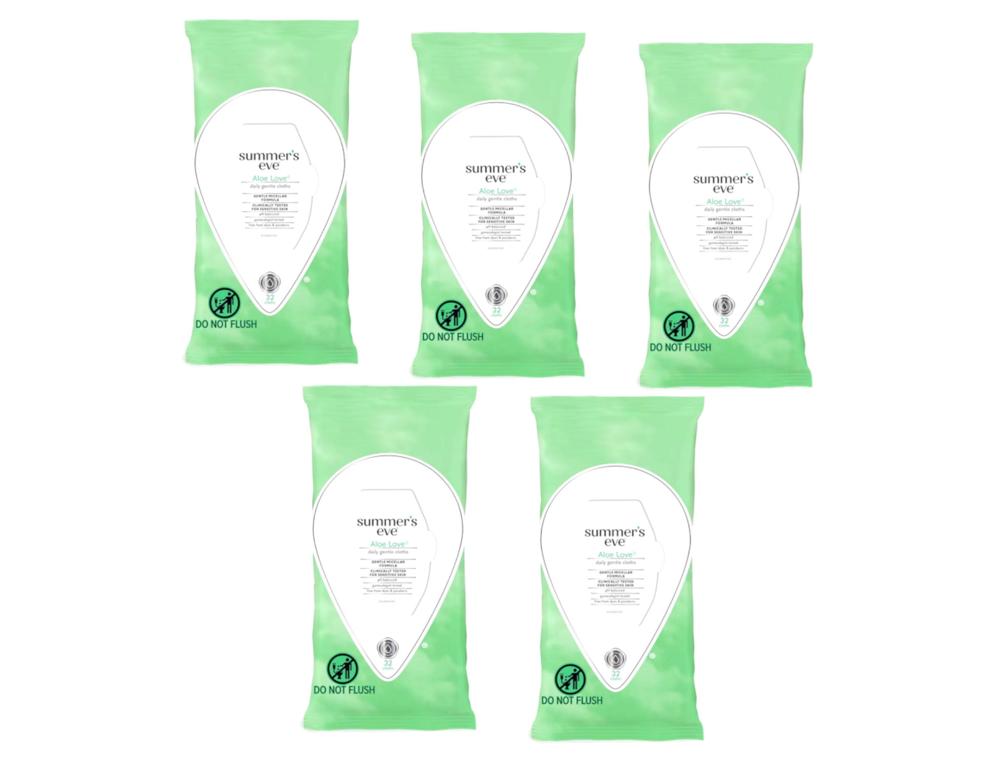 5 Pack Summers Eve Aloe Love Cleansing Cloths For Sensitive Skin 32 Count Each