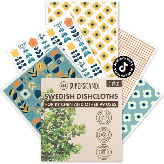 5 Pack Swedish Dishcloths for Kitchen - 100% Biodegradable & Compostable | Reusable Paper Towels Washable, Food-Safe & Without Plastic - Dish Rags Suitable for Any Surface | Scandi Design