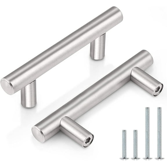 5 Pack|T Bar Cabinet Pulls Stainless Steel Kitchen Handles Chest Knobs 2.5 Inch Hole Centers Brushed Nickel, 4 Inch Overall Length