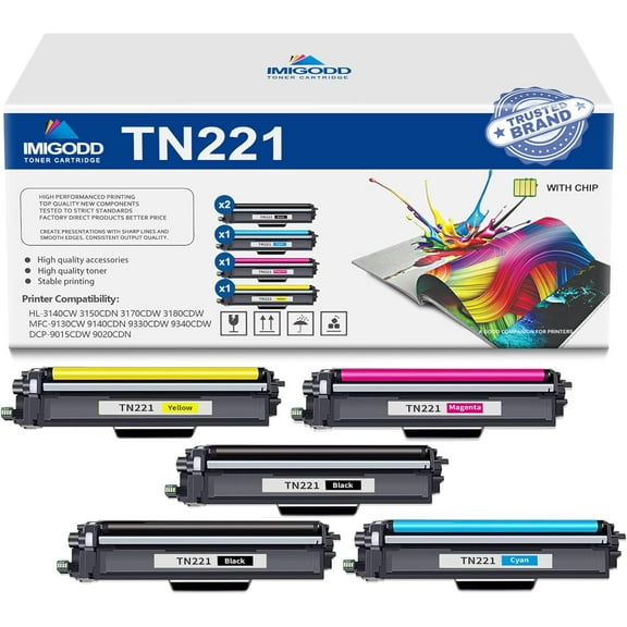 5-Pack TN221 BK/C/M/Y Toner Cartridge (with Chip) Replacement for Brother High Capacity with HL-3140CW 3150CDN 3170CDW 3180CDW MFC-9130CW 9140CDN 9330CDW 9340CDW DCP-9015CDW 9020CDN Printer