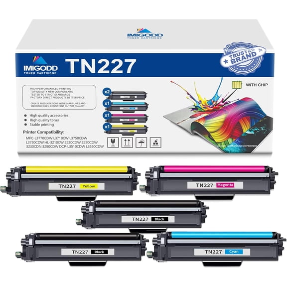 5-Pack TN227 BK/C/M/Y Toner Cartridge (with Chip) Replacement for Brother High Capacity with MFC-L3770CDW L3710CW L3750CDW L3730CDW HL-3210CW 3230CDW 3270CDW 3290CDW DCP-L3510CDW L3550CDW Printer