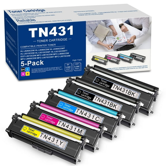 5 Pack TN431 Toner Cartridge Compatible for Brother TN431 Ink MFC-L9570CDWT Printer (2Black /1Cyan/ 1Yellow /1Magenta)