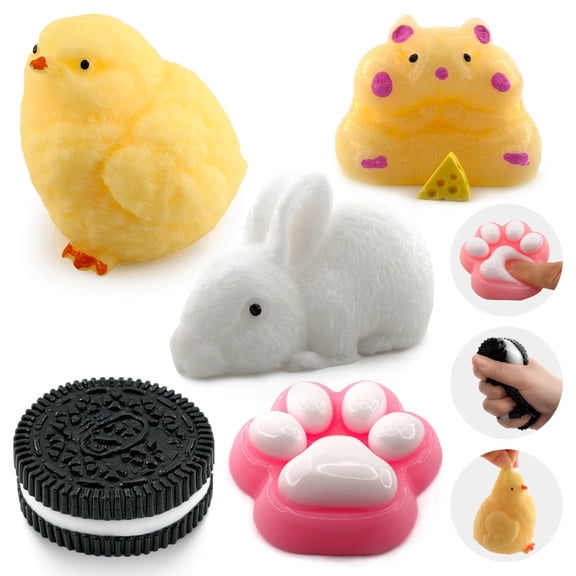 5 Pack Taba Squishy Toy Set, Cute Anxiety Relaxing Stress Relief Fidget Set for Kids Adults, Includes Chick, Bunny, Hamster, Cat Paw and Cookie