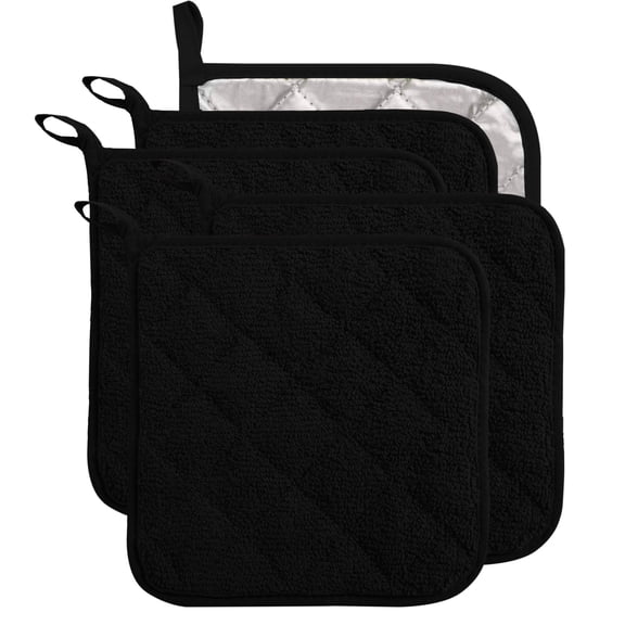 5 Pack Terry Cloth Pot Holders for Kitchen Heat Resistant, 7 x 7 Inch Insulated Oven Square Hot Pads, Potholders Sets for Kitchen Cooking and Baking (Black)