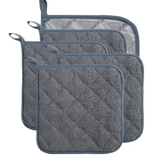 5 Pack Terry Cloth Pot Holders for Kitchen Heat Resistant,7 x 7 Inch Insulated Oven Square Hot Pads,Potholders Sets for Kitchen Cooking and Baking (Gray)
