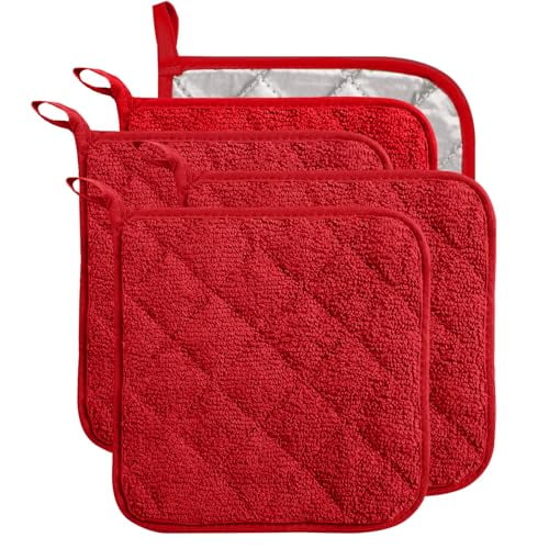 5 Pack Terry Cloth Pot Holders for Kitchen Heat Resistant,7 x 7 Inch Insulated Oven Square Hot Pads,Potholders Sets for Kitchen Cooking and Baking (Red)