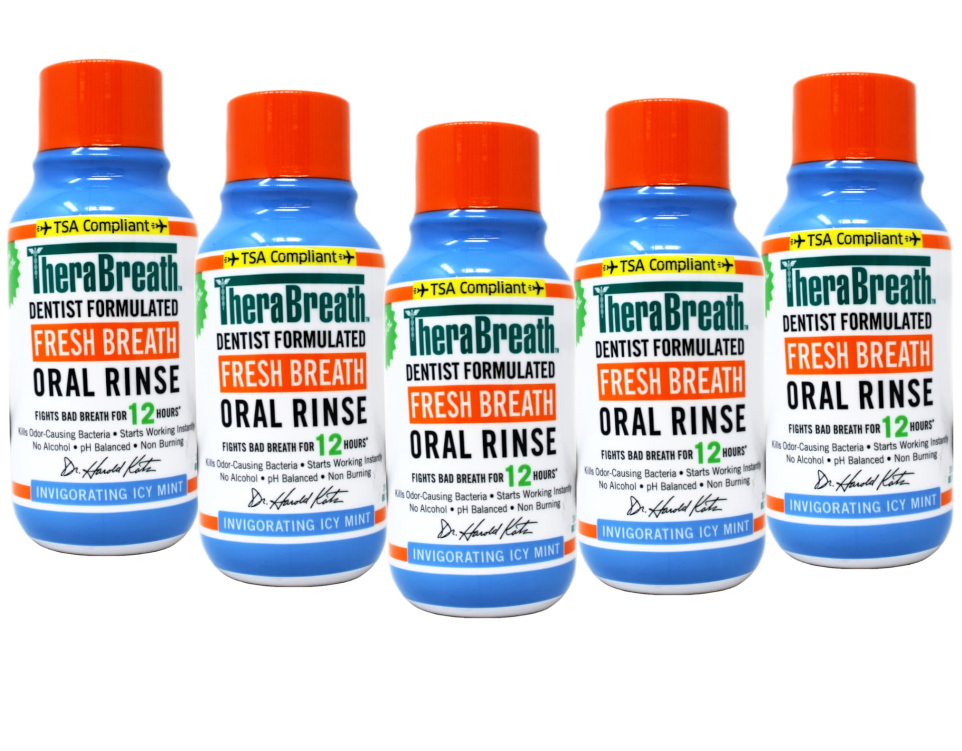 5 Pack - TheraBreath Fresh Breath Mouthwash, Icy Mint, Alcohol-Free, Travel Size, 3 fl oz