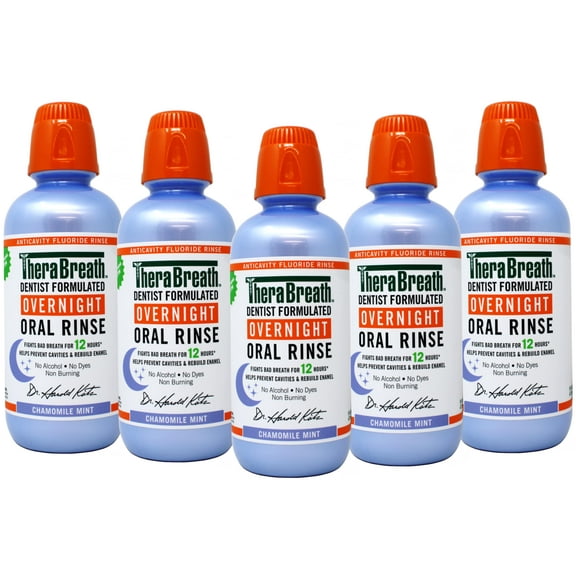 5 Pack - TheraBreath Overnight Mouthwash, Chamomile Mint Flavor, Alcohol Free, 16 fl oz