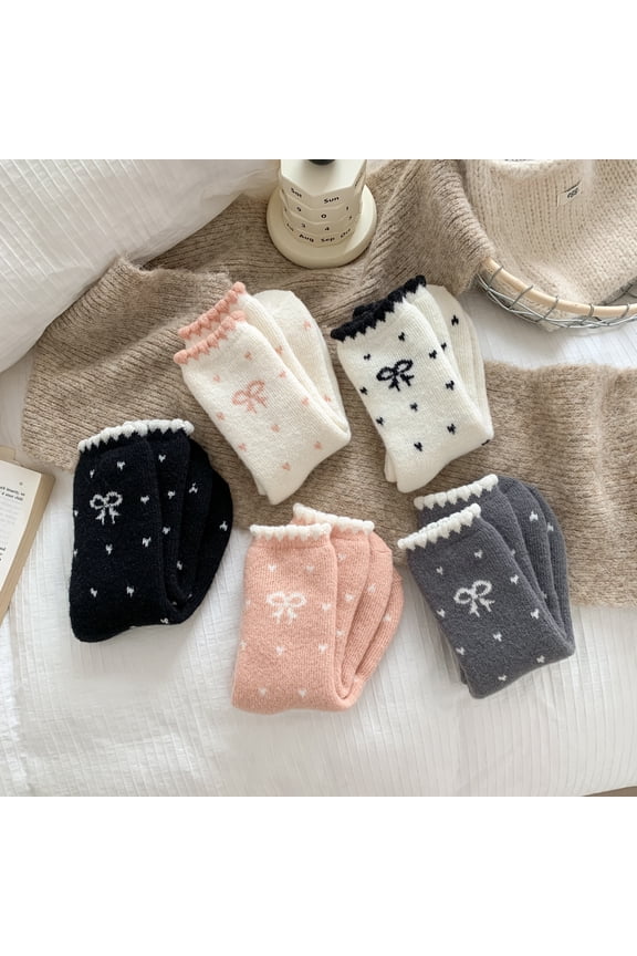 5-Pack ' Thermal Winter Socks with Bow Pointed Toe - Warm Mid-Calf piling tights, Thickened for Casual &, Cozy Teen Teenage Socks (Autumn/Winter) - 5-Package Deal, for Teenager