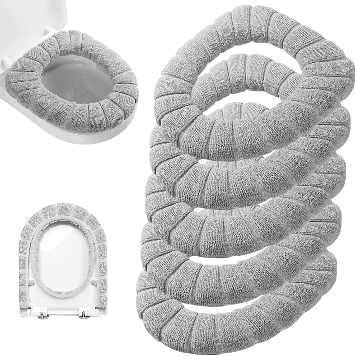 5 Pack Thicker Bathroom Toilet Seat Cover Pads- Soft Warmer Toilet Seat Cushion Cover Stretchable Washable Fiber Cloth, Easy Installation Comfortable Toilet Lid Seat Cover
