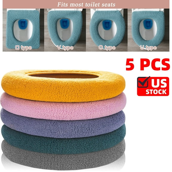 5 Pack Thicker Bathroom Toilet Seat Cover Pads- Soft Warmer Toilet Seat Cushion Cover Stretchable Washable Fiber Cloth, Easy Installation Comfortable Toilet Lid Seat Cover(Knitted Style)