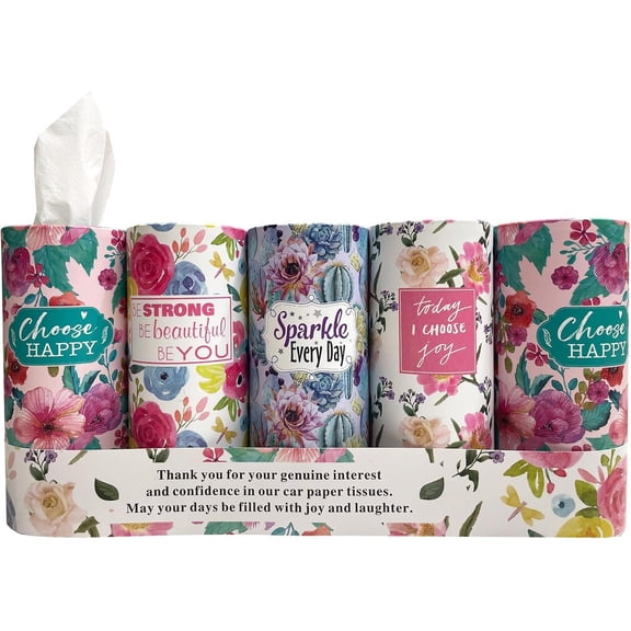 5-Pack Tissue Holder, tissues cylinder,Super Absorbent 3-Ply Facial Tissues, Cute Floral & Inspirational Designs,Portable for , & Office