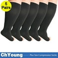 thumbnail image 1 of (5 Pack) Toeless Plus Size Compression Socks Extra Wide Calf - Up to 7XL | 20-30 mmHg Open Toe Knee High Compression Socks for Women Men Circulation Support, Black 4XL,ChYoung, 1 of 12
