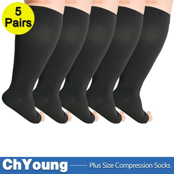 (5 Pack) Toeless Plus Size Compression Socks Extra Wide Calf - Up to 7XL | 20-30 mmHg Open Toe Knee High Compression Socks for Women Men Circulation Support, Black 7XL,ChYoung
