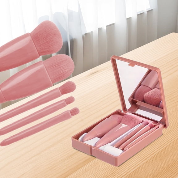 5-Pack Travel Makeup Brush Set with Mirror Case, Professional Cosmetic Brushes, Pink
