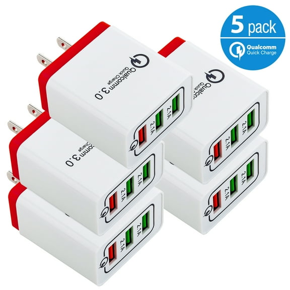 5-Pack USB Wall Charger 30W 3-Ports with Quick Charge 3.0, Wall Charger Adapter, Fast Charging for Samsung Galaxy S23/S22/S21/S20/S10/S9/S8 Ultra, iPhone 14/13/12/11 Pro Mini, X/Xs, White/Red