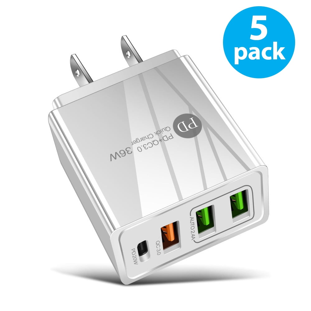 5-Pack USB Wall Charger Block, 4-Port Charging Block, QC 3.0 Fast USB Wall Plug for Phone Xs/XS Max/XR/X/8/7/6, Tablets, Charging Cube with Google Pixel, HTC, Galaxy/Note/Edge, LG, Nexus, and More