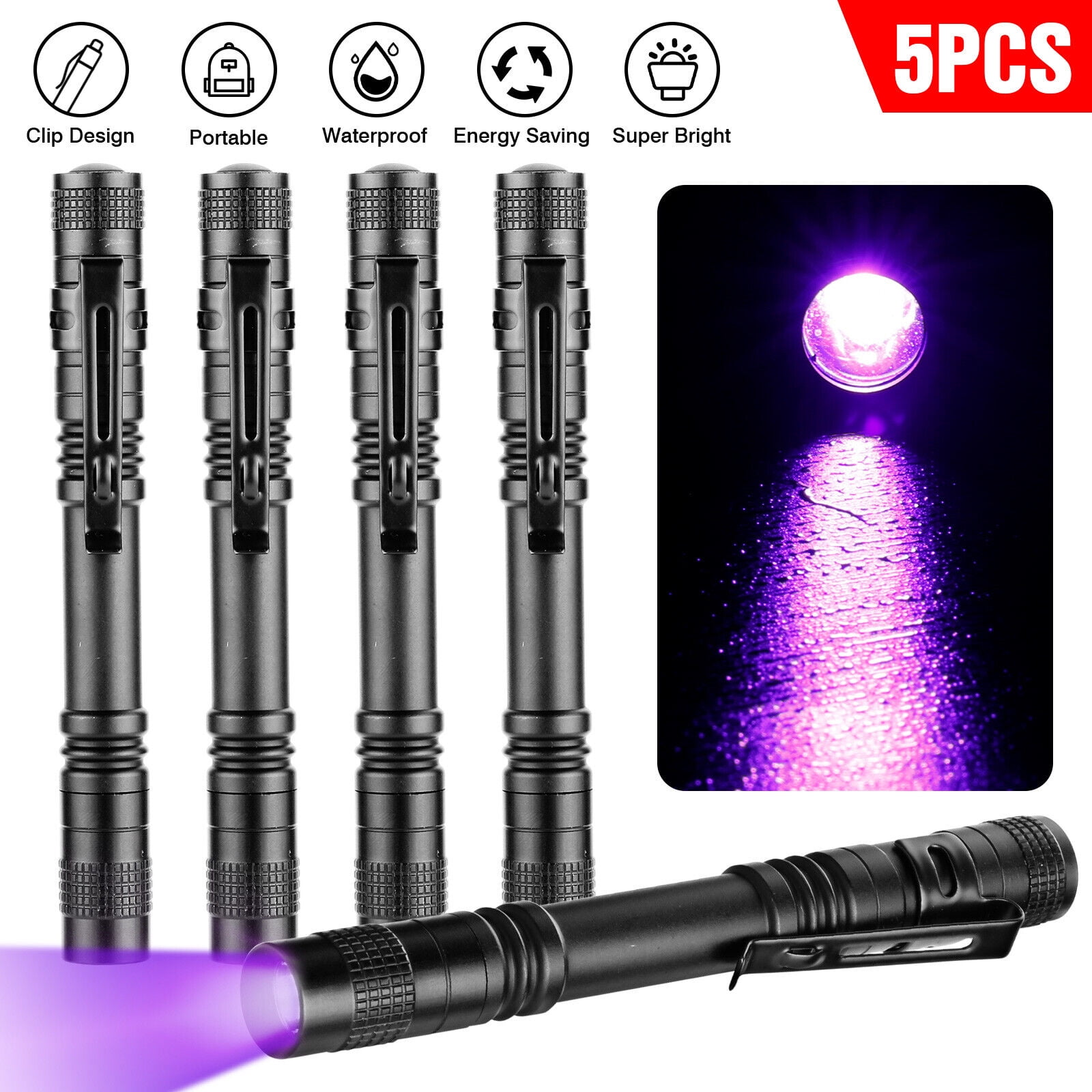 Handheld UV Penlight Flashlight, 5 Pack with Clip for Pet Stains