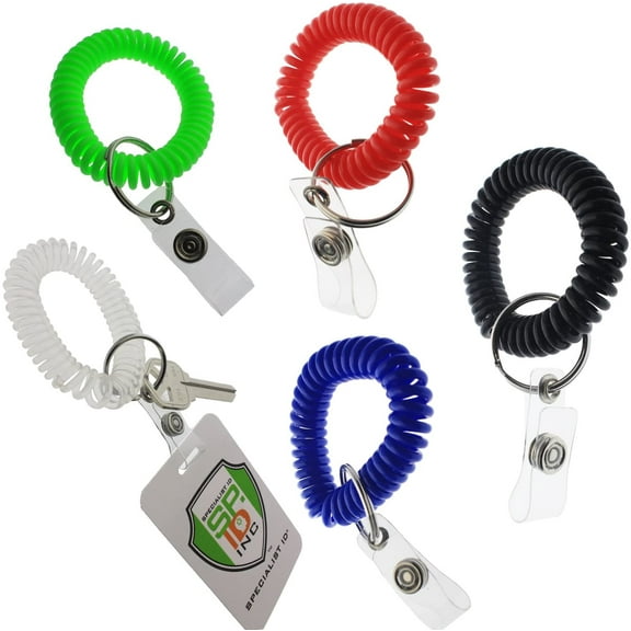 5 Pack - Ultimate Wrist Coil Camper Keychains for Work and Play - Premium Elastic Bungee Badge Holder & Key Chain Ring (One Size Fits All) by Specialist ID (Assorted Colors)