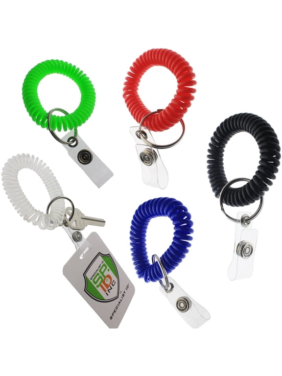 5 Pack - Ultimate Wrist Coil Camper Keychains for Work and Play - Premium Elastic Bungee Badge Holder & Key Chain Ring (One Size Fits All) by Specialist ID (Assorted Colors)