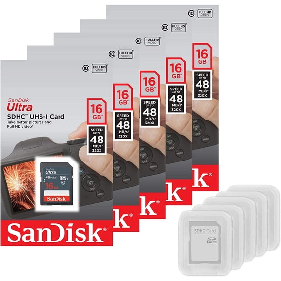 5 Pack - Ultra 16GB SD SDHC Memory Flash Card UHS-I Class 10 Read Speed up to 48MB/s 320X SDSDUNB-016G-GN3IN Wholesale Lot + (5 Cases)