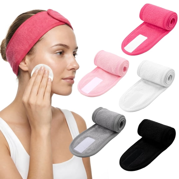5 Pack Ultra Soft Adjustable Terry Cloth Face Wash Headband – Stretch Make-Up Wrap for Face Washing, Shower, Facial Mask