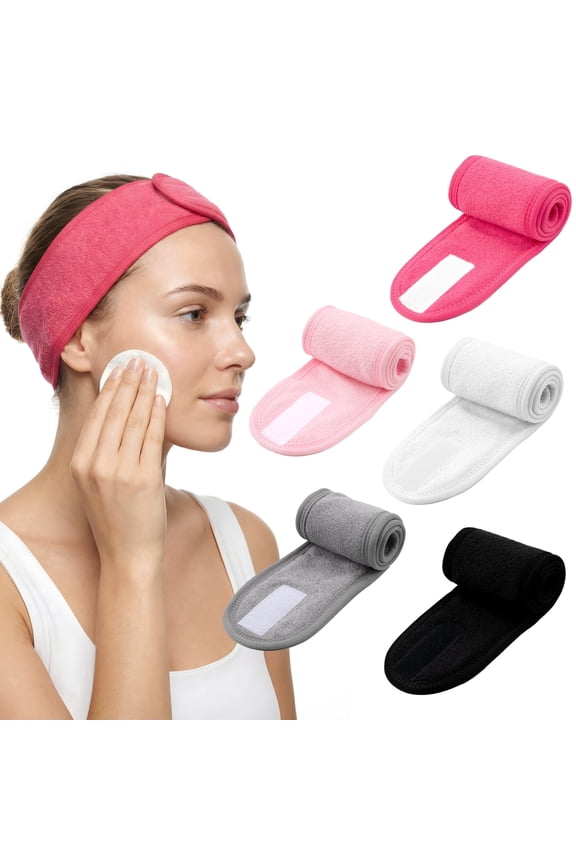 5 Pack Ultra Soft Adjustable Terry Cloth Face Wash Headband – Stretch Make-Up Wrap for Face Washing, Shower, Facial Mask