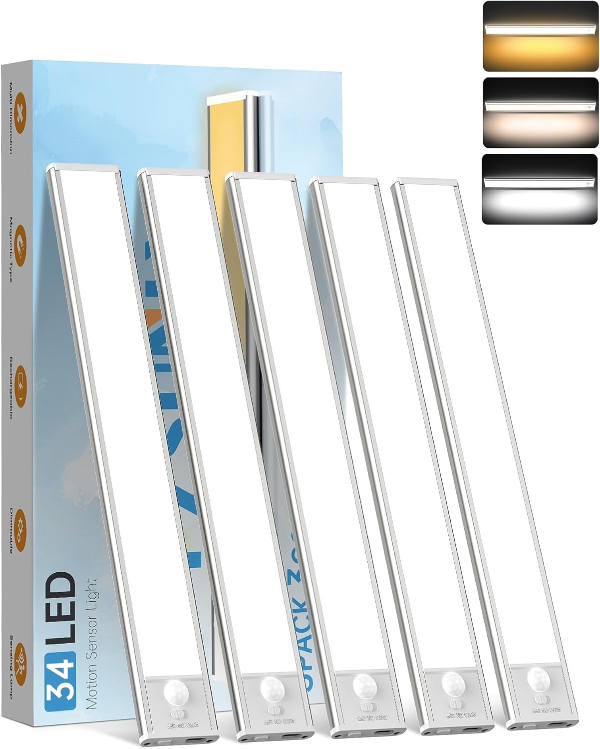 5 Pack Under Cabinet Lighting,Recharable Motion Sensor Light Indoor,3 ...