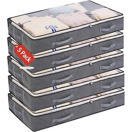 5 Pack Underbed Storage Bags, 75L Foldable Clothes Bag Large Capacity Storage Containers, with Clear Window Reinforced Handles Zippered Organizer for Comforter, Blanket, Bedding