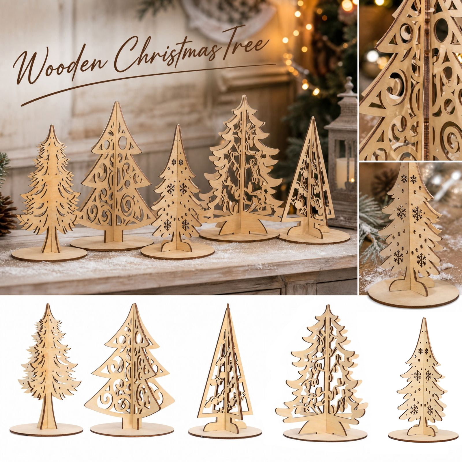 5 Pack Unfinished Wooden Tabletop Christmas Tree, Laser Cut Blank Wood ...