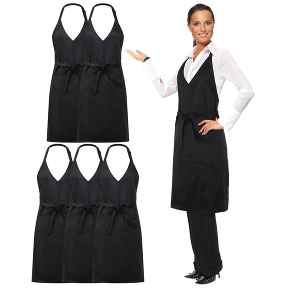 5 Pack Unisex V Neck Tuxedo Aprons with Pockets, Formal Server Pinafore for Banquet, Bistro, Restaurant