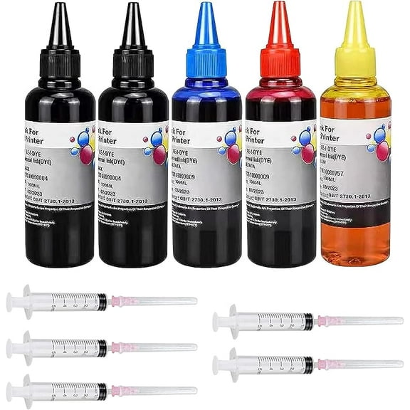 5-Pack Universal Ink Refill Kit for All HP Canon Epsn Brother Printers Compatible Cartridges Refillable Cartridge CISS CIS System(5x100ML 2BK, 1C. 1M, 1Y)