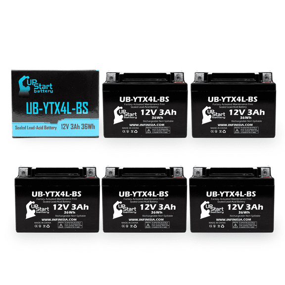 5-Pack UpStart Battery Replacement for 2004 Bombardier (Can-Am) DS90, DS90F, Quest 90CC Factory Activated, Maintenance Free, ATV Battery - 12V, 3Ah, UB-YTX4L-BS