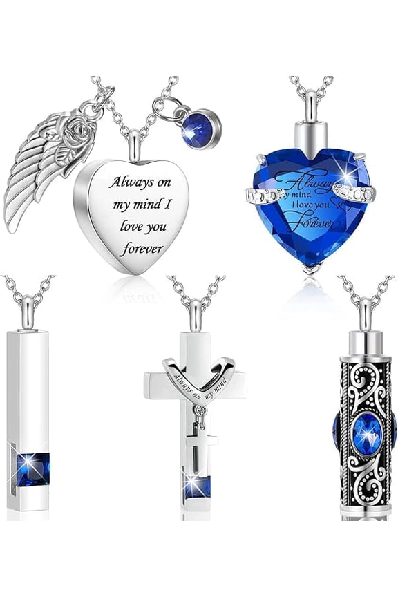 5 Pack Urn Necklace for Ashes Heart / Cross / Cylinder Cremation Jewelry for Ashes Memorial Keepsake Urn Pendant Stainless Steel Cremation Jewelry for Women Men