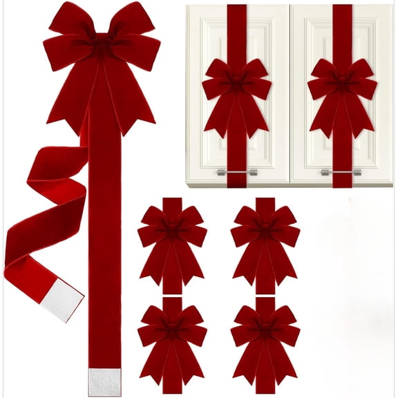 5-Pack Valentine's Cabinet Door Ribbons with "Red Heart" Print, Large Pre-Tied Fabric Bows for Kitchen Cupboards, Adjustable Holiday Decor Sash