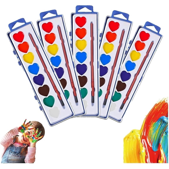 5-Pack Valentine's Day Heart Watercolor Paint Sets - Mini Washable Art Kit with Brushes & Gift Tags for Kids Classroom Exchange