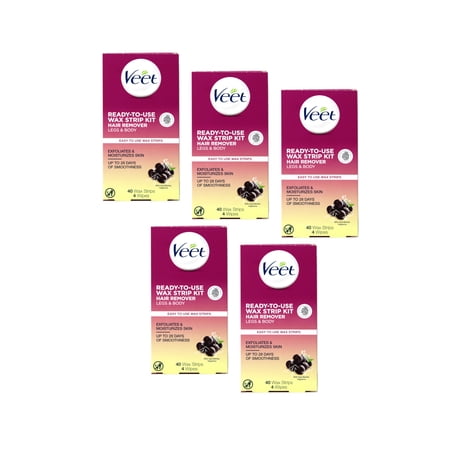 5 Pack Veet Ready to Use Wax Strip Kit Hair Remover Legs & Body 40 Strips Each
