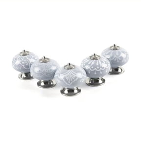 5-Pack Vintage Metal Cabinet Handles - Gray Ceramic Knobs with White Floral Design - European Birdcage Style Drawer Pulls for Wardrobes and Dressers