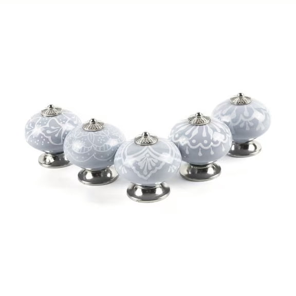 5-Pack Vintage Metal Cabinet Handles - Gray Ceramic Knobs with White Floral Design for Wardrobes and Dressers - European Birdcage Style Drawer Pulls