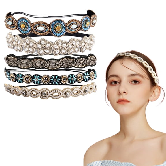 5-Pack Vintage Rhinestone Headbands, Elastic Crystal Beaded Hair Accessories for Women, Party & Everyday Headwear