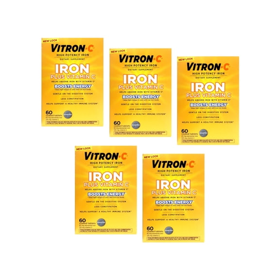 Vitron-C High Potency Iron and Vitamin C Tablets Once a Day 60 Count Each - 5 Pack