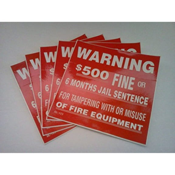 (5 Pack) WARNING $500 FINE Or JAIL - Fire Equipment, Self-Adhesive 4"x4" Signs