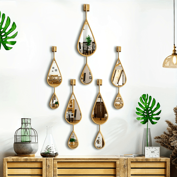 5-Pack Wall Mirror Decorative Mirrors Set Tear Drop Shape Golden Mirror for Bedroom Living Room Entryway Bathroom