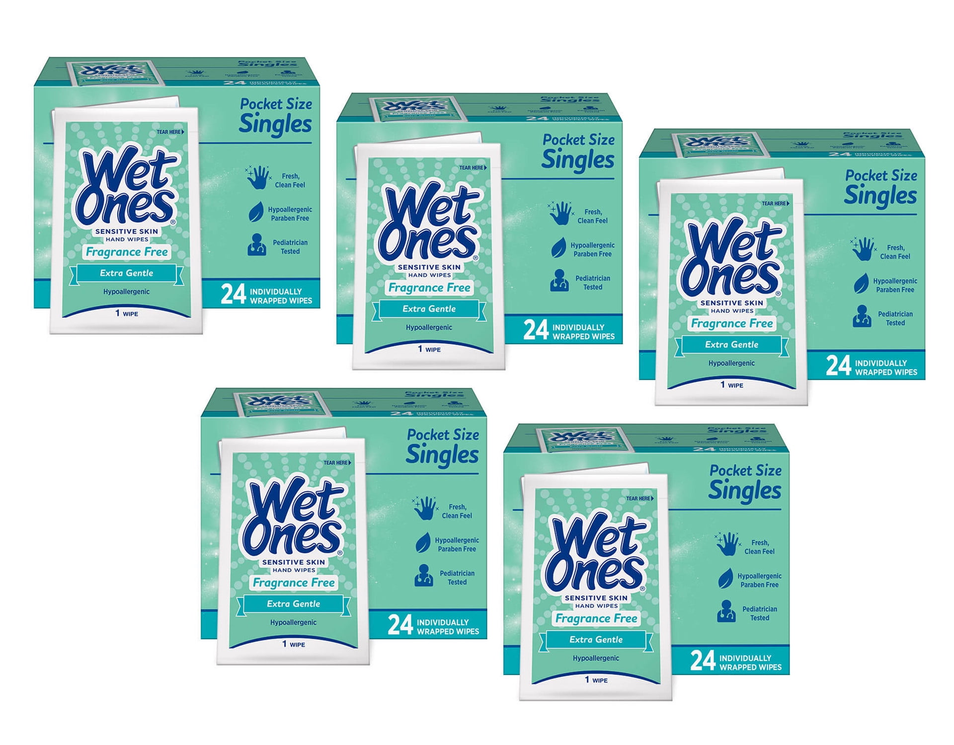 5 Pack Wet Ones Sensitive Skin Hand Wipes Unscented Individually Wrapped 24 Each
