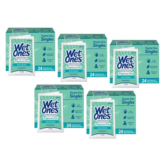 5 Pack Wet Ones Sensitive Skin Hand Wipes Unscented Individually Wrapped 24 Each
