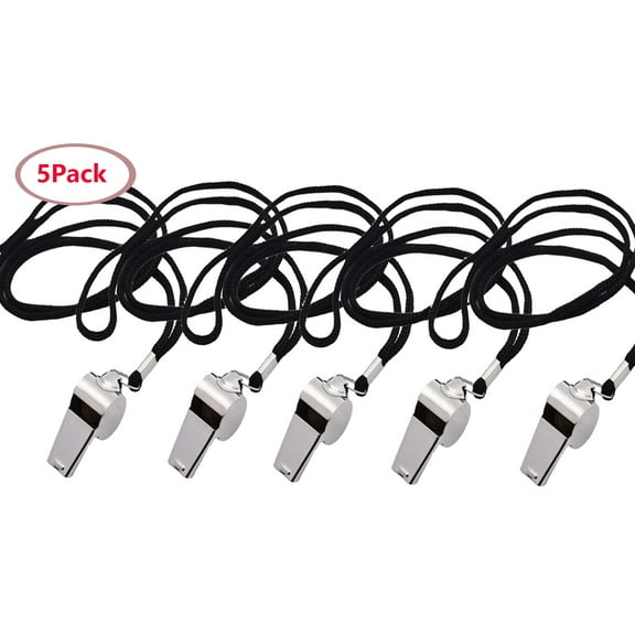 5 Pack Whistle Stainless Steel Extra Loud Referee Whistle For School Sports with Black Lanyard