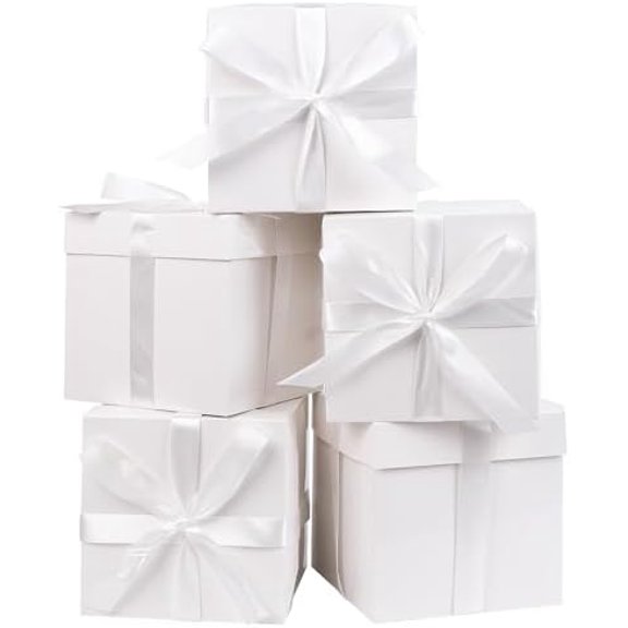 5 Pack White Gift Boxes with Lids, Ribbons and Tissue Papers Square Gift Boxes - 7.1 Inch - Birthday, Wedding, Presents Wrapping, Mother's Day, Valentine's Day Decoration Party Favor Boxes.