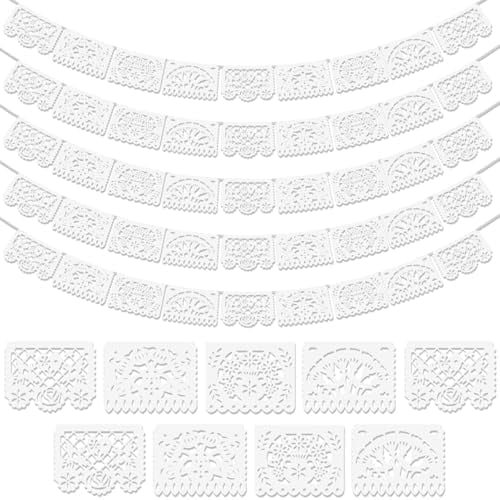 5 Pack White Papel Picado Banner, Cinco De Mayo Plastic Mexican Party Banner Wedding Fiesta Party Decoration May 5 Mexican Themed Party Decor, Mexico Birthday Party Supplies - 4 Patterns/90Ft