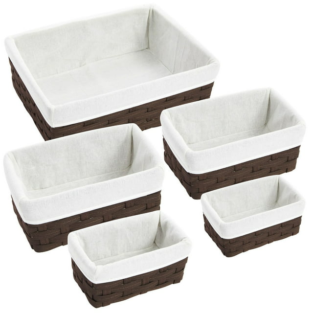 5 Pack Wicker Nesting Baskets with Cloth Lining for Pantry Shelves, Rectangular Storage Bins for Organizing Closet (Brown, 3 Sizes)
